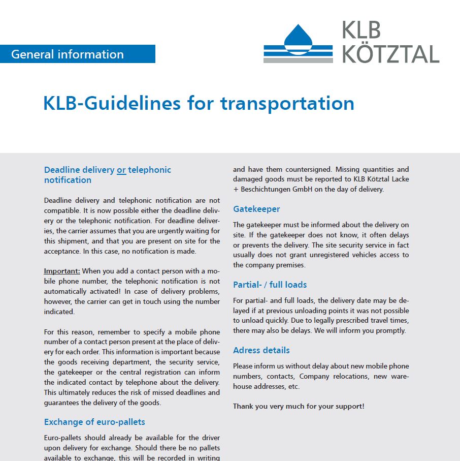 KLB-Informationsblatt Transport-Leitfaden