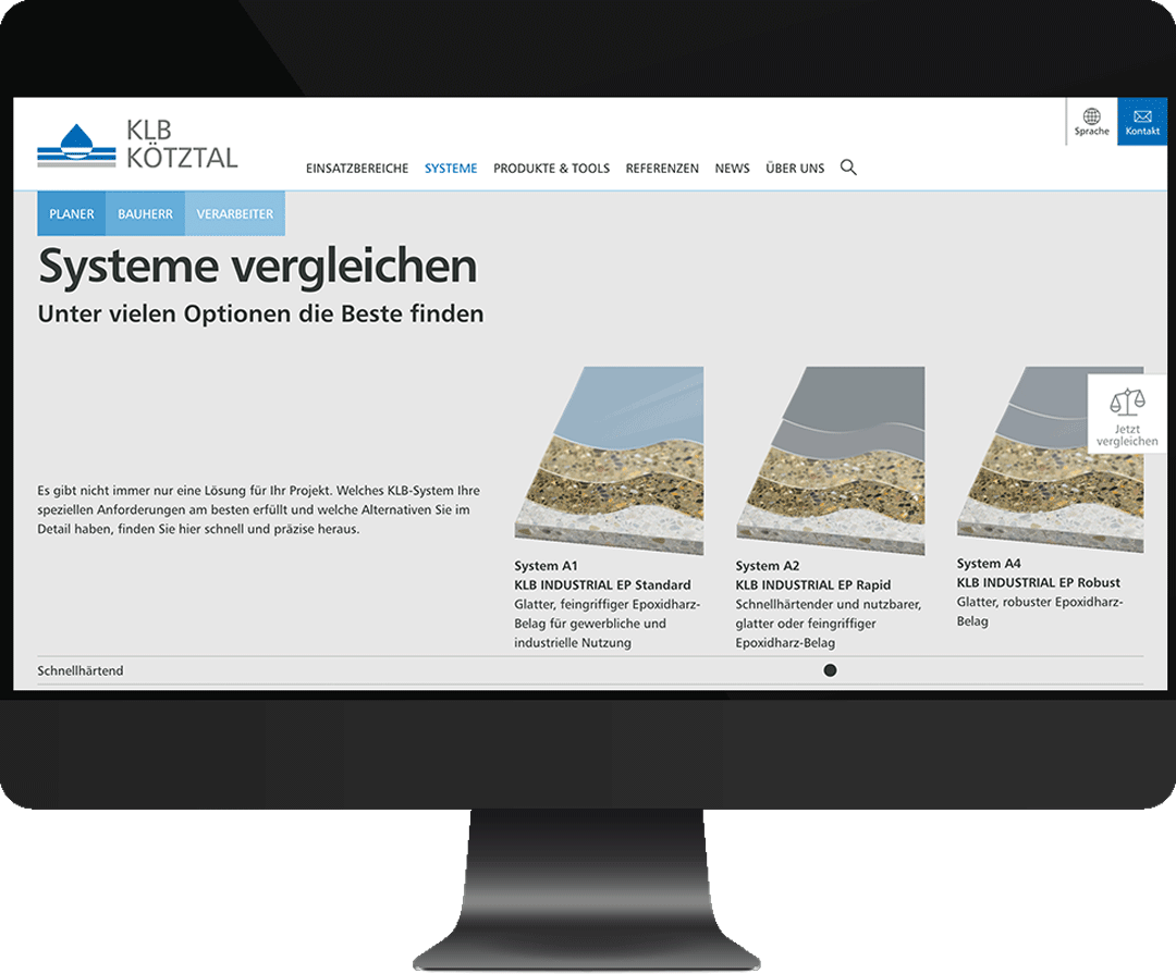 Bildschirm-Screenshot des Produktfinders auf der Homepage vor blauem Hintergrund