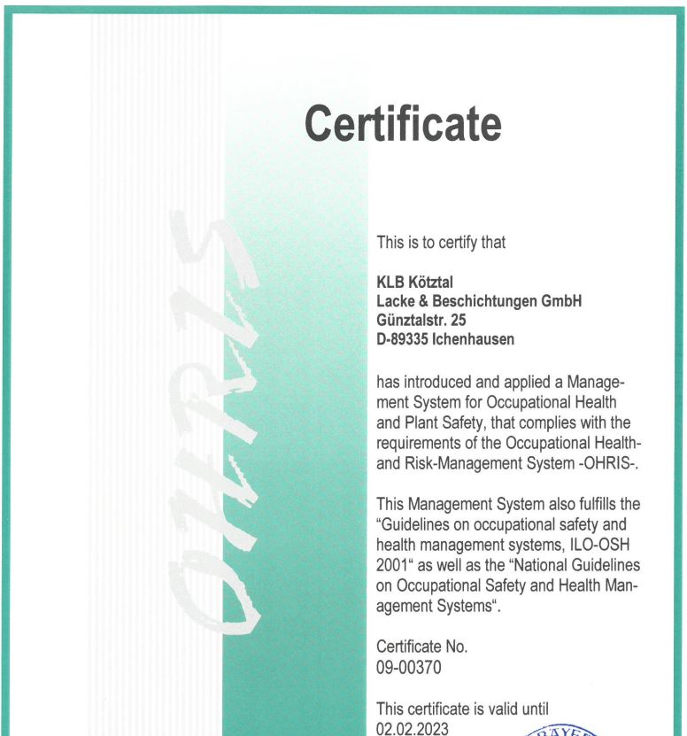OHRIS certificate