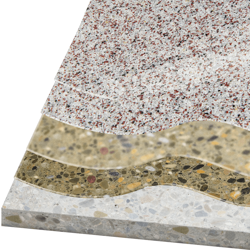 Polyurethan-Belag für Lebensmittelbereiche in Schichten mit Grundierung, Kratzspachtelung EP 53, Beschichtung mit PU 424 und Versiegelung mit PU 484