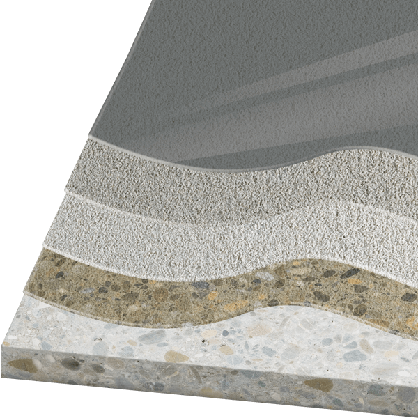 Beschichtungsaufbau des Systems M4, geeignet für Außenbereiche wegen seiner kurzen Aushärtungszeit und rutschhemmenden Eigenschaften