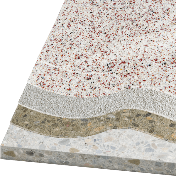 Schichtaufbau des KLB Systems M3 mit Grundierung, Kratzspachtelung, Grundschicht und Versiegelung